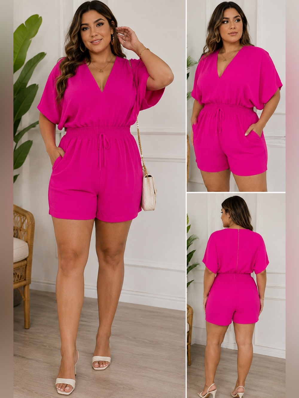 Hot Pink V Neck Romper XL Smocked Waist Short Sleeve NWOT